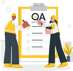 Two quality assurance inspectors reviewing a checklist on a clipboard while standing together in a workplace setting with a professional atmosphere