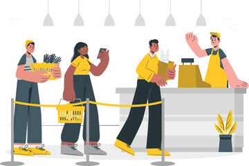 Workers in yellow uniforms processing goods at a security checkpoint with a queue and barriers