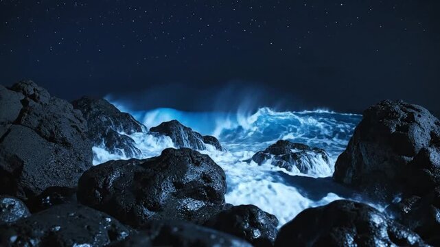 Rugged rocky terrain under a starry night sky with a glowing ocean wave crashing against the shore in the distance