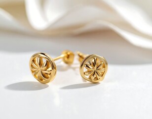 Close-up of delicate, golden stud earrings on a white surface, with soft, silky fabric in the background. The earrings are intricate