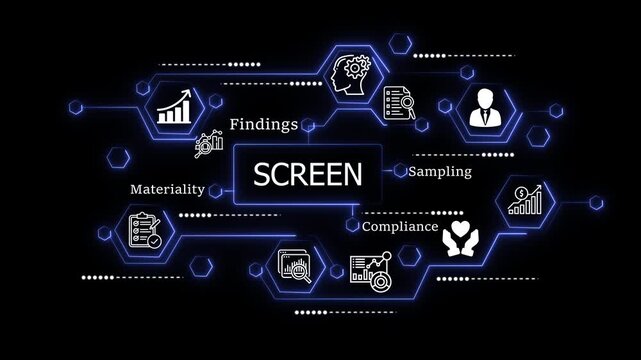 animation Team Collaborating on Business screen with Charts and Graphs, Focusing on Compliance, Sampling, Findings, and Materiality in a Modern Office Setting. animation on the black background.