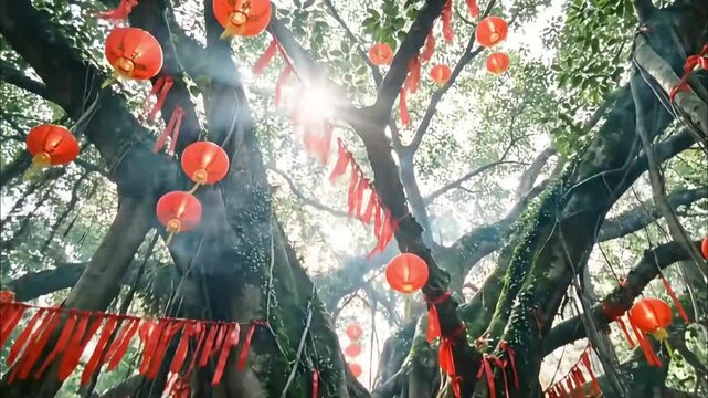 A giant ancient banyan tree covered in hundreds of red prayer ribbons and small round lanterns 4K Videos