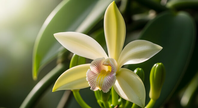 A beautiful blooming vanilla orchid flower with delicate petals and a patterned lip in a natural environment
