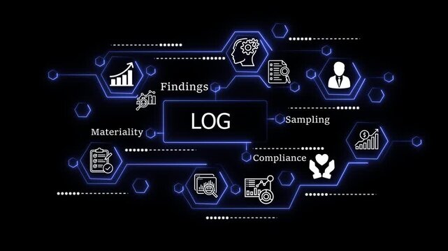 animation Team Collaborating on Business log with Charts and Graphs, Focusing on Compliance, Sampling, Findings, and Materiality in a Modern Office Setting. animation on the black background.