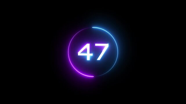 Glowing count neon number 47 text animation on black background. Neon number with circle animation.