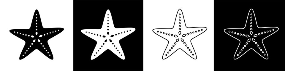 Simple white starfish silhouettes on black, iconic symbols of ocean life and beach themes. © IamHydra13