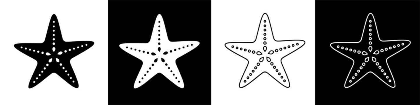 Simple white starfish silhouettes on black, iconic symbols of ocean life and beach themes.