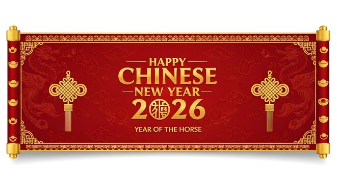Happy chinese new year 2026, year of the horse, traditional red scroll banner