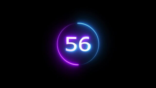 Glowing count neon number 56 text animation on black background. Neon number with circle animation.