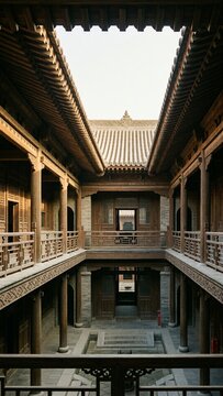 Traditional Chinese Courtyard with Intricate Wooden Architecture and Skywell