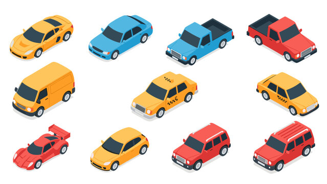 Colorful isometric cars collection featuring variety of vehicle types