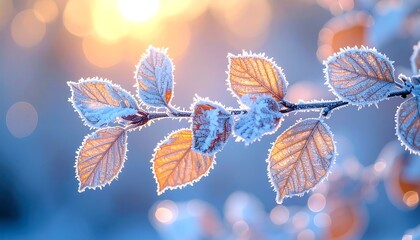 Close-up of delicate leaves and twigs covered in frost, illuminated by a warm, blurred bokeh of sunlight in the background