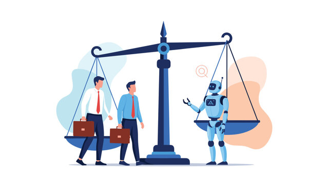 Large balancing scale weighs human workers against an artificial intelligence robot to illustrate the impact of automation on the job market.