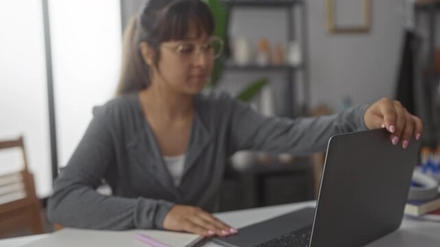Woman student wearing glasses with hand on chin typing on a laptop at a desk in a studio with notebook and stacked books nearby; quiet concentration.