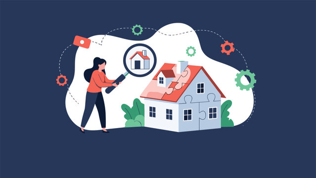 Home inspector uses a giant magnifying glass to examine a house made of puzzle pieces representing detailed structural and quality checks.