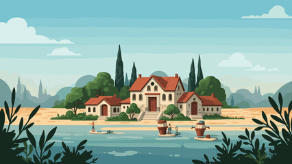 Charming lakeside villa with canoeists and scenic landscape in flat