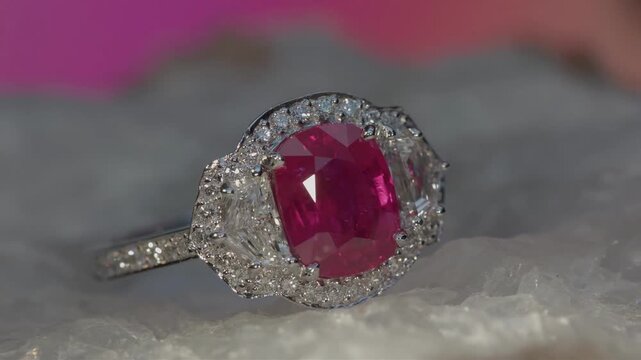 Exquisite ruby and diamond engagement ring with a central cushion-cut ruby stone