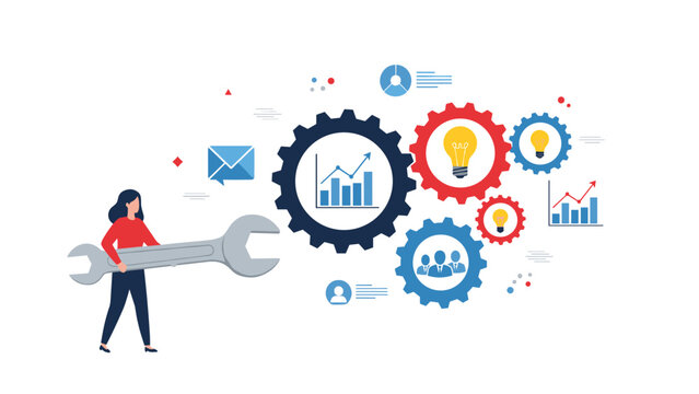 Female engineer carries a massive silver wrench toward a complex system of interlocking gears, light bulbs, and financial growth bar charts.