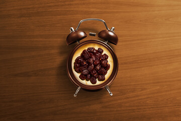 Top view dates fruit on wooden table, eid adha mubarak concept