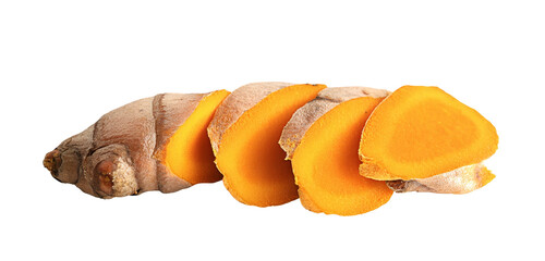 Sliced Turmeric Root on White Background
