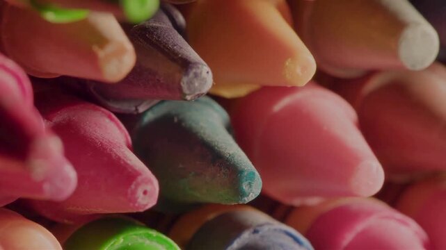 Close-up macro view of colorful crayon tips stacked together in a box