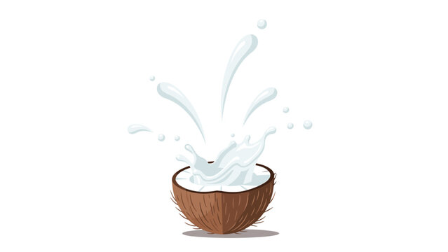 Coconut milk splash from halved coconut on white background