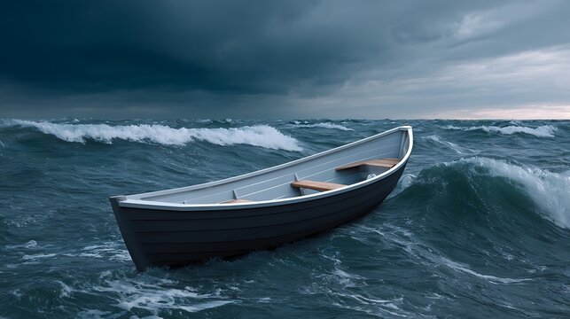 Dramatic Seascape with Small Boat in Turbulent Ocean Waves