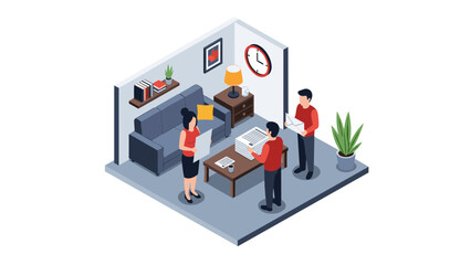 Modern office teamwork in isometric workspace with laptops and