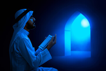 Young asian muslim man with beard reading holy book quran in the mosque window arch at night, eid adha mubarak concept