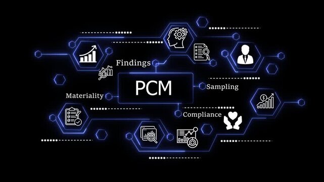 animation Team Collaborating on Business PCM with Charts and Graphs, Focusing on Compliance, Sampling, Findings, and Materiality in a Modern Office Setting. animation on the black background.