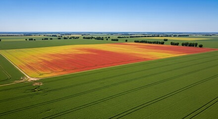 Obraz premium Aerial view of a field with a distinct red and green pattern created by crops.