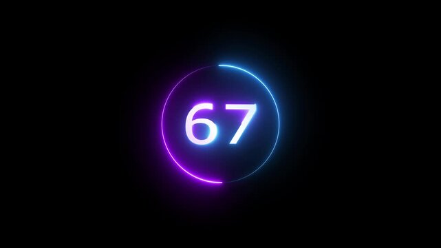 Glowing count neon number 67 text animation on black background. Neon number with circle animation.