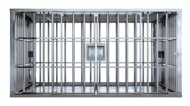 A clean, empty metal prison cell with bars and a locked door, shown from the front.