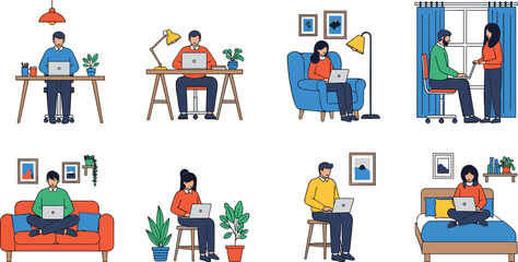 People working from home illustration set, remote workers using laptops in different rooms modern lifestyle flat vector collection design