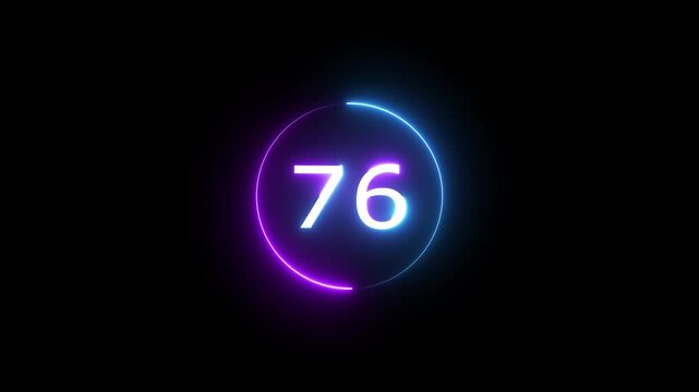 Glowing count neon number 76 text animation on black background. Neon number with circle animation.