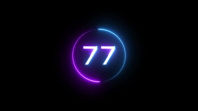 Glowing count neon number 77 text animation on black background. Neon number with circle animation.