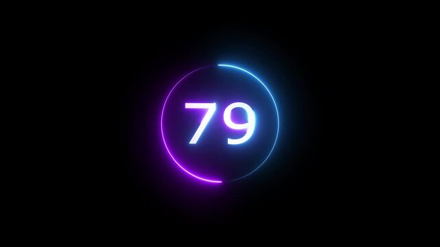 Glowing count neon number 79 text animation on black background. Neon number with circle animation.