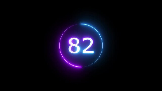 Glowing count neon number 82 text animation on black background. Neon number with circle animation.