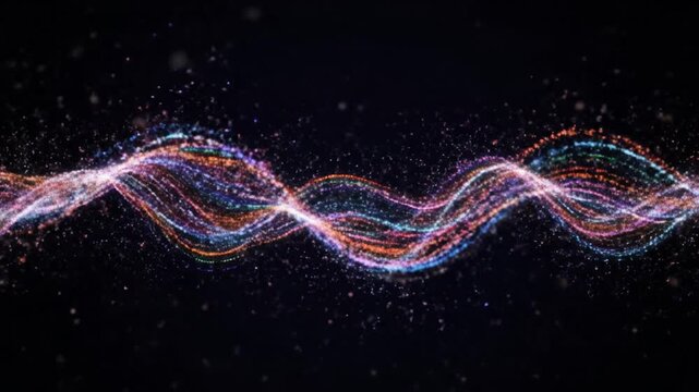 Vibrant multicolored wavy lines dancing across a dark cosmic background, viewed from a futuristic perspective