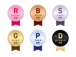 ベビーピンク、カッパーブロンズ、プラチナシルバー、シャンパンゴールド、パールホワイト、ミッドナイトブラックの6色で展開された、レギュラーからダイヤモンドまでの会員ランクを示すリボン付きメダルバッジセット