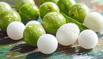 Close-up of glossy, green, and white spherical objects. Some have water droplets, sitting on a colorful surface with a leaf
