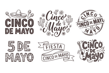 Fototapeta premium Cinco de Mayo Hand Drawn Lettering Set of 6 Black and White Mexican Holiday Typography