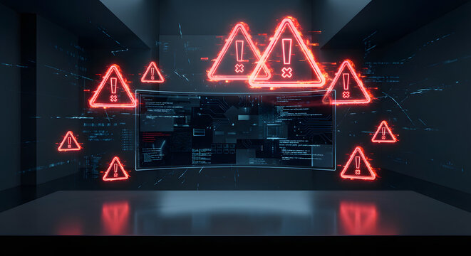 cyber security warning with red glowing alert triangle icons and digital data error messages on virtual screen representing system hack malware threat and server vulnerability