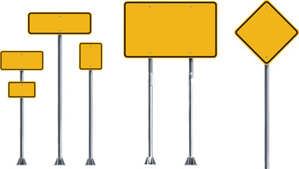 Blank yellow road sign illustration, empty traffic signboards on metal poles, warning and direction signage, realistic transportation safety vector © Its Marjia's World