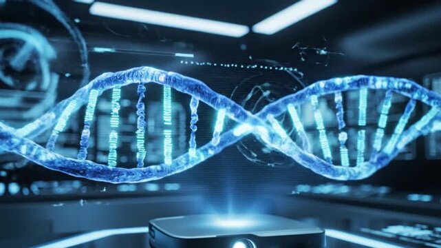 A futuristic DNA double helix structure glows in a high-tech laboratory setting viewed from a low angle