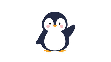 Fototapeta premium Adorable chubby penguin with black and white feathers and pink cheeks waving a flipper on a plain white background.