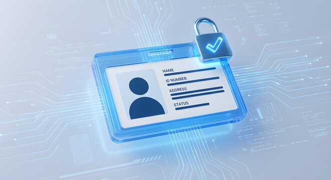 digital id card with glowing blue circuits and security padlock icon with check mark representing biometric authentication personal data protection and secure identity verification