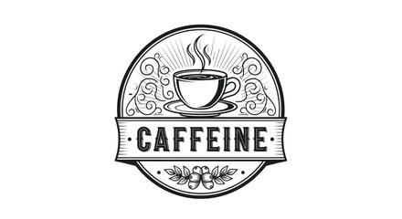 Vintage Caffeine Coffee Cup Emblem with Steam and Decorative Elements