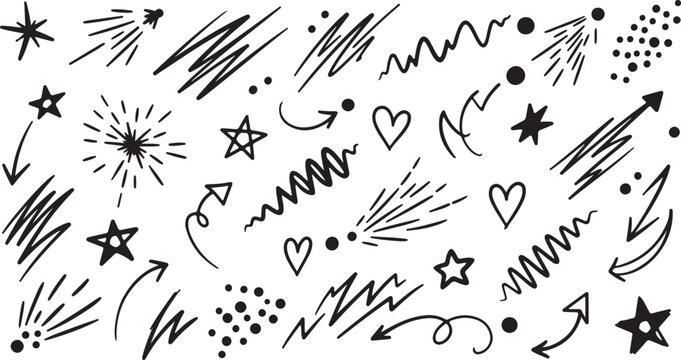 Hand Drawn Doodles with Stars and Hearts in Simple Monochrome Style on White Background for Graphic Design