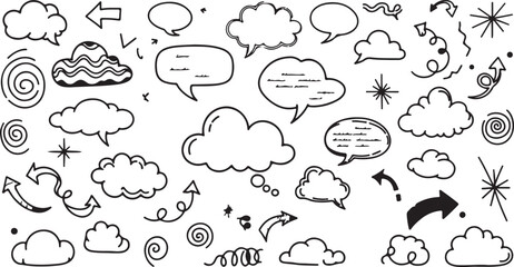 Fototapeta premium Hand drawn speech bubbles and clouds in minimalist style with black lines on white background for comic and cartoon design